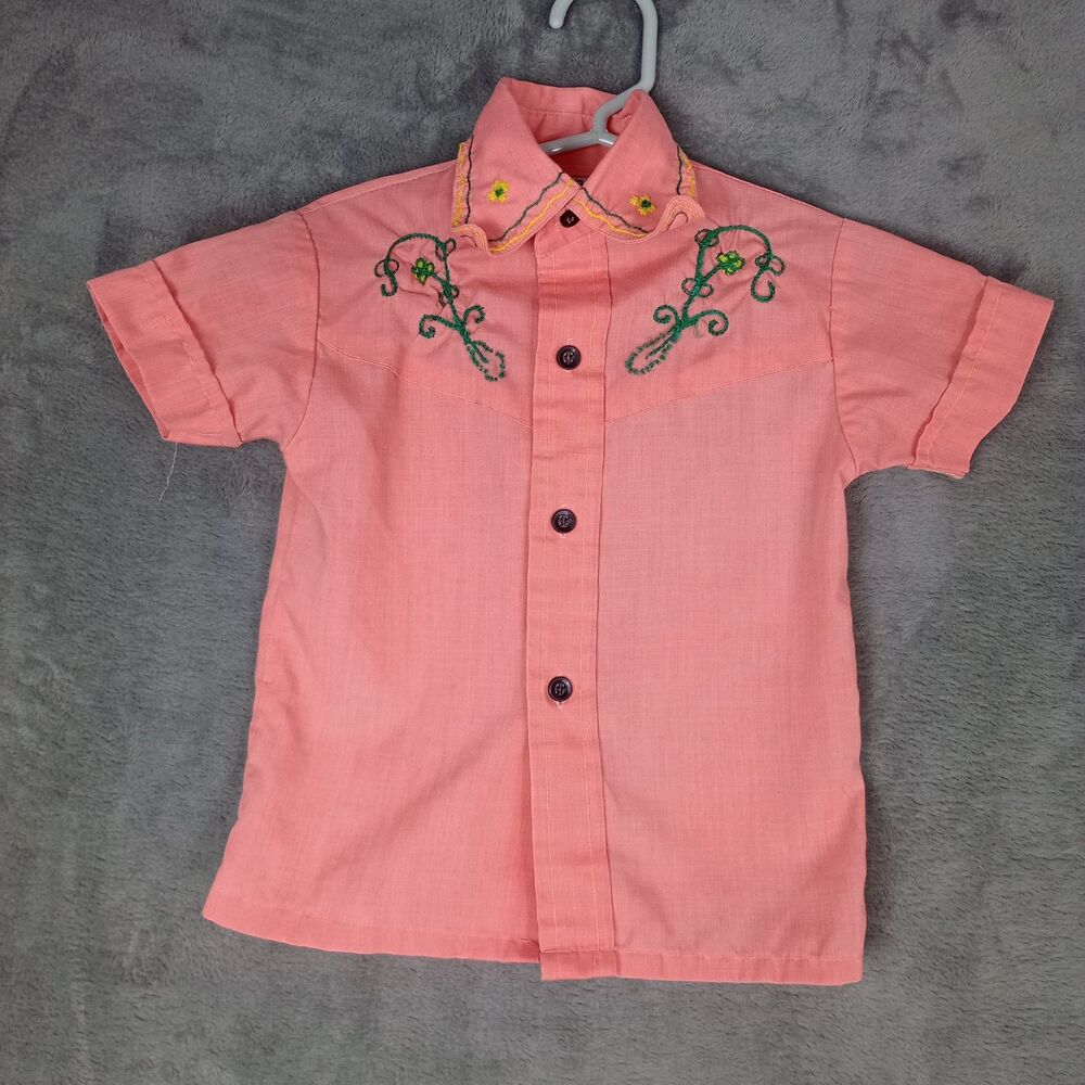 Vintage Kmart Western Button Up Shirt 3T Unisex‎ Salmon Embroidered Poly Cotton